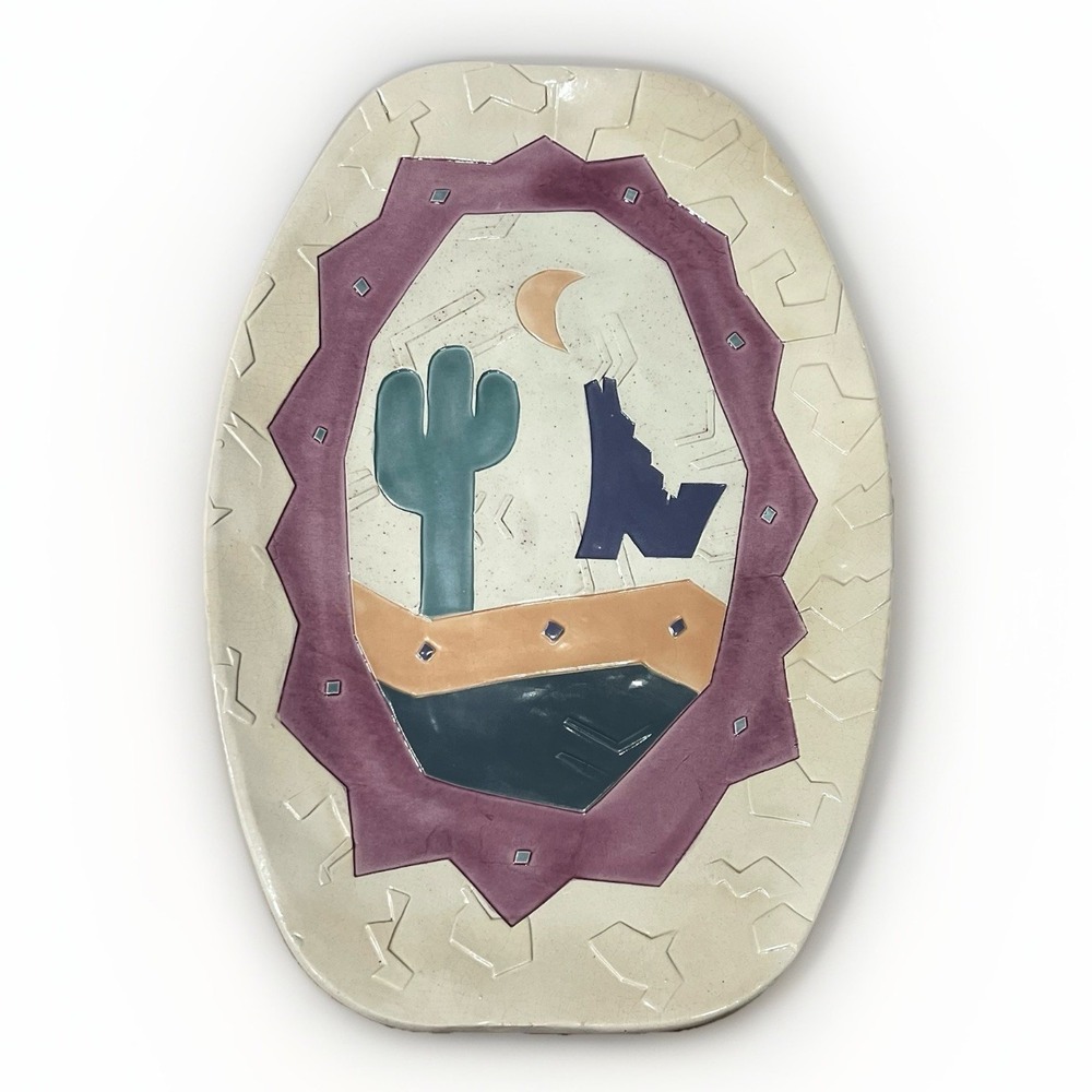 Vtg Demery Southwest Art Pottery 17" Wall Plate Tray Howling Dog Cactus Moon